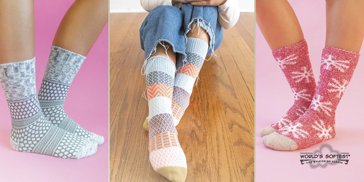 Photo collage showing three pairs of World Softest socks worn on feet against different backgrounds.