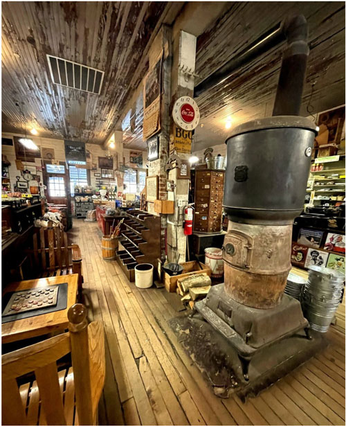 Pot-bellied stove in the front room at the Original Mast Store