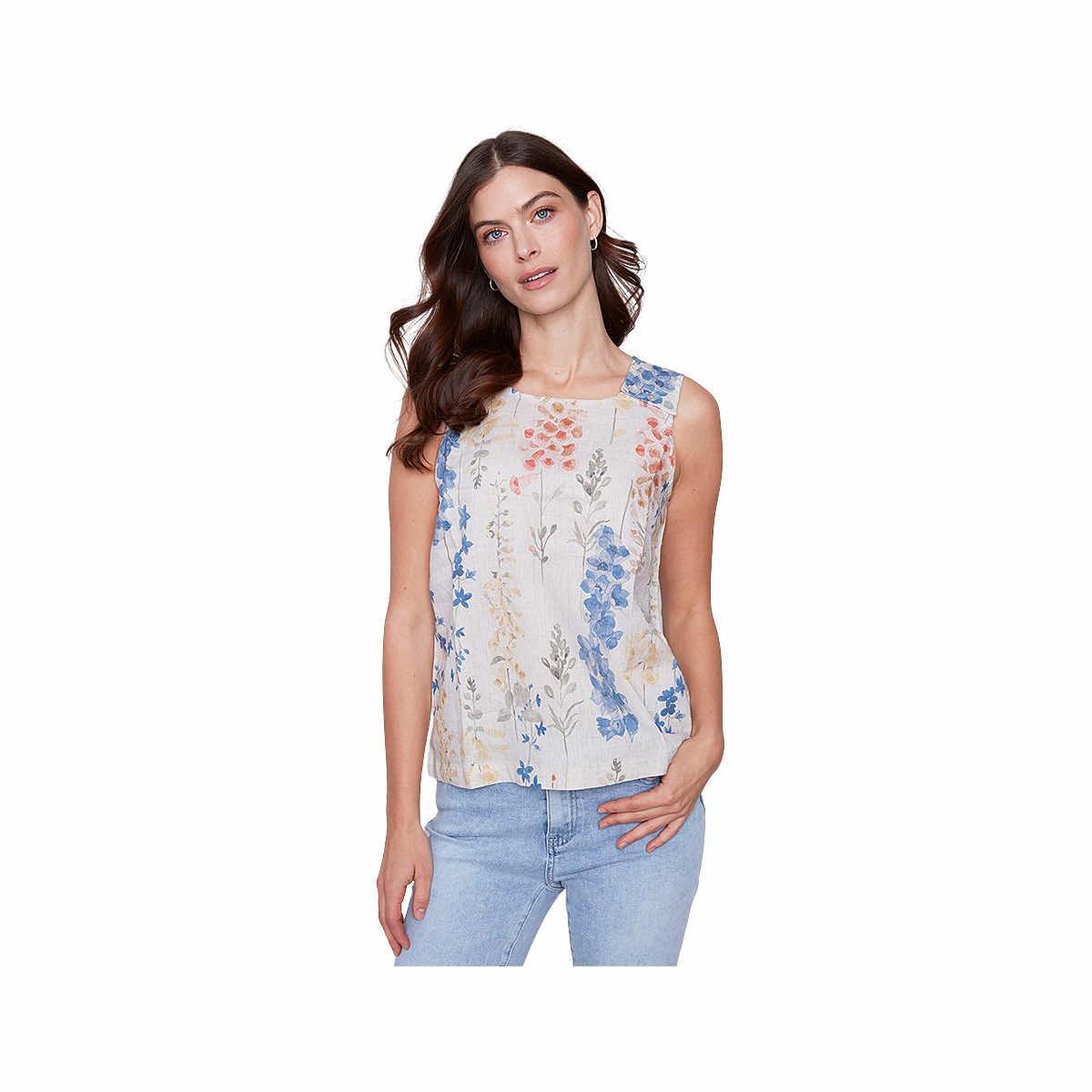 Women's Sleeveless Printed Button Linen Top